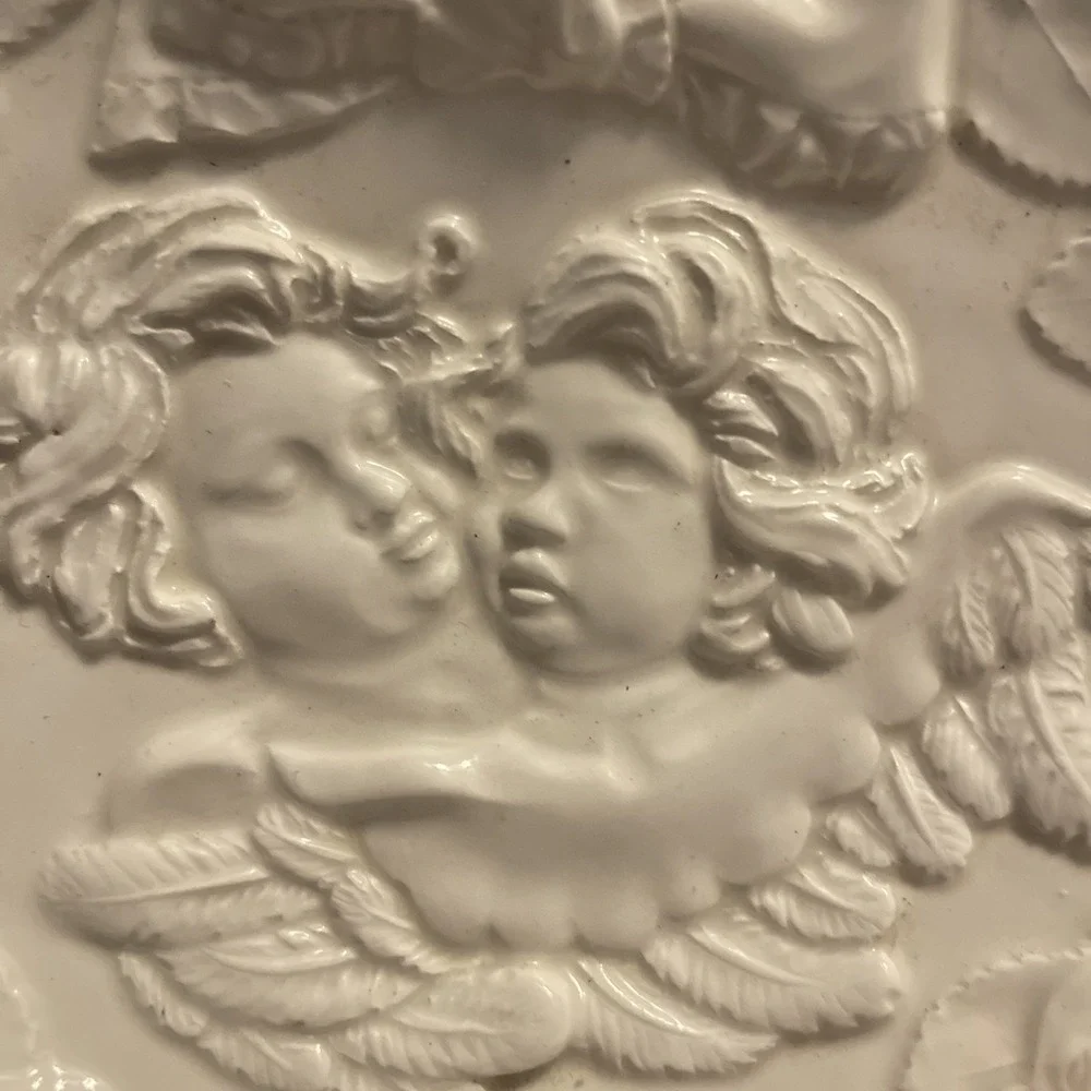 Vintage Heart Shaped Porclaine Plate Dish Raised Cherub Angle Italy‎ #7360 White
